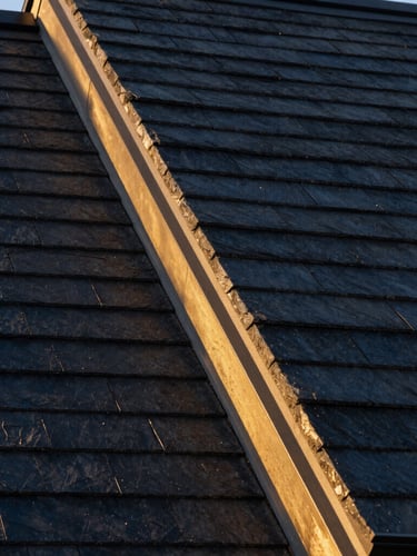 Macro architectural photograph of perfectly aligned dark slate shingles on a premium modern home, crisp sunlight catching gold-toned metal flashing details, sharp focus.