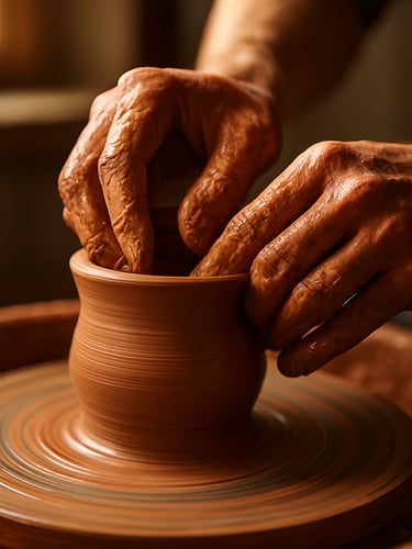 Close-up of wet clay being shaped on a pottery wheel by hands covered in mud, warm natural window light, terracotta tones, 35mm lens