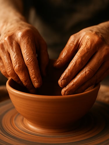 Tactile close-up of hands coated in wet terracotta clay carefully shaping a raw pottery bowl on a spinning wheel, warm natural workshop light, earthy textures.