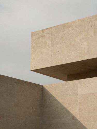 Minimalist architectural close-up, sharp geometric concrete lines against a soft overcast sky, subtle shadows on warm stone texture, premium editorial photography, 35mm