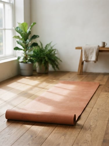 A quiet, uncluttered yoga studio with sunlight casting soft window shadows on a wooden floor, a single terracotta yoga mat rolled out, warm editorial photography, 35mm
