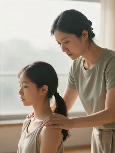 A professional instructor in a soft sage top guiding a student's alignment, warm morning window light, shallow depth of field, focused breathing, 35mm