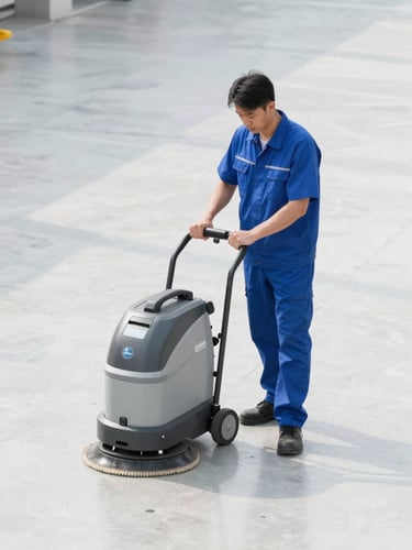 A certified field technician in a clean uniform calibrating a heavy-duty industrial floor scrubber, bright daylight, polished concrete floor, 35mm