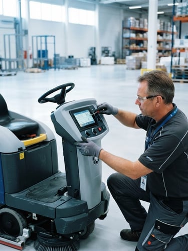 A certified field technician calibrating a digital control panel on a heavy-duty ride-on scrubber-dryer, bright high-key daylight, clean polished concrete warehouse floor, cool white and blue tones, 35mm
