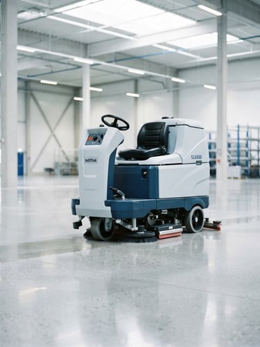 Sharp industrial photography, bright high-key daylight, a pristine ride-on floor scrubber on polished concrete, cool white and blue tones, 35mm
