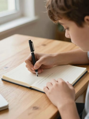 Close-up of a child's hands writing in a notebook on a light wooden table, a tutor's hand pointing to a line in the text nearby, soft natural window light from the left, open textbook visible at the edge, calm and focused atmosphere