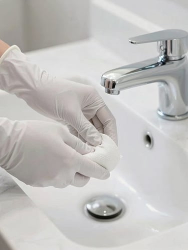 Close-up of gloved hands detailing a marble bathroom fixture, soft natural daylight, crisp clean whites and cool slate tones, sharp focus, 35mm lens
