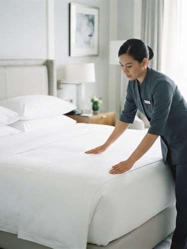 A professional female housekeeper in a neat, minimalist dark slate uniform smoothing crisp white linens on a large bed, bright high-key interior photography, soft natural daylight, sharp focus