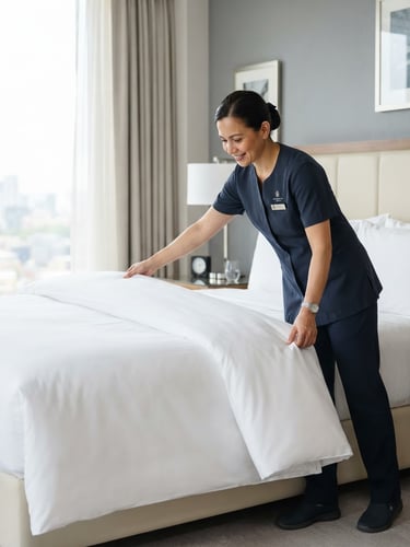A professional female housekeeper in a neat navy uniform placing crisp white linens on a bed, bright high-key interior photography, soft natural daylight, sharp focus