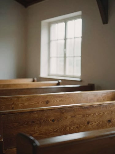 Warm contemplative photography of sunlit wooden pews in a simple chapel, soft morning window light, muted earth tones, 35mm film