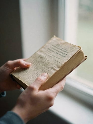 Close-up of hands holding a worn, linen-bound book of common prayer, soft morning light filtering through a window, shallow depth of field, 35mm film