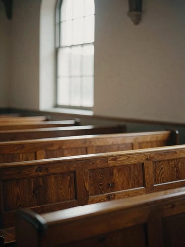 Warm contemplative photography of sunlit wooden pews in a simple chapel, soft morning window light filtering through glass, shallow depth of field, 35mm film.