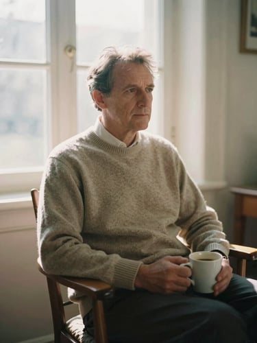 Warm portrait of a pastor in a simple knit sweater, sitting in a sunlit wooden chair with a coffee mug, soft natural window light, contemplative mood, 35mm film