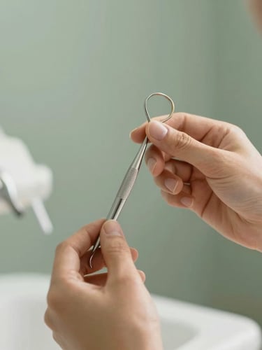 Elegant close-up of hands preparing dental instruments in soft focus, warm natural light, sage green background, clean minimalist aesthetic, 35mm