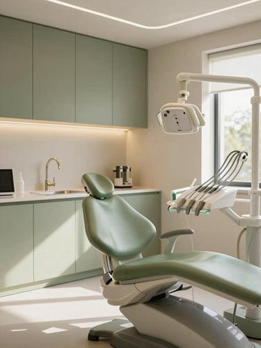 Elegant minimalist dental clinic treatment room, warm natural daylight, soft sage green cabinetry, comfortable modern dental chair, no harsh medical lights, 35mm