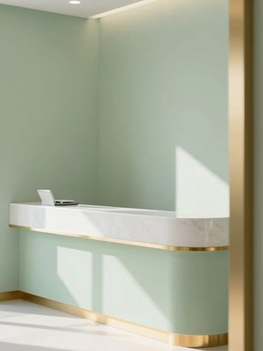 Bright, clean architectural shot of a serene boutique dental clinic reception, soft natural daylight, sage green walls, warm gold accents, shallow depth of field, 35mm