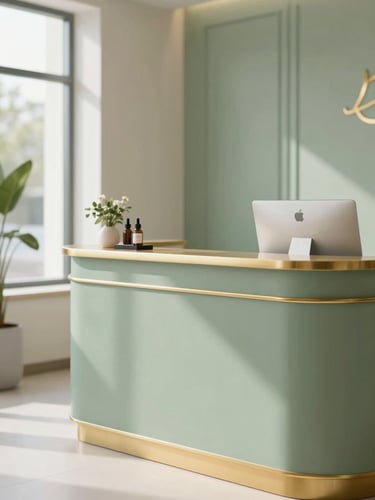 Elegant interior photography of a serene clinic reception, soft natural daylight, sage green and warm gold accents, shallow depth of field, 35mm