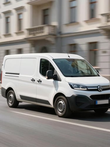 Dynamic low-angle shot of a sleek electric delivery van moving fast on a clean Vilnius street, dynamic motion blur, bright daylight, 35mm