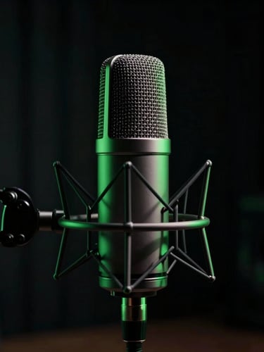 Cinematic medium close-up of a high-end podcast studio setup, professional microphone, dark shadows with sharp neon green accents, moody studio lighting.