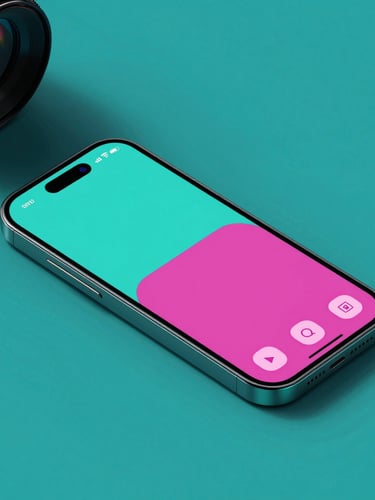 Sleek modern digital device displaying a high-contrast teal and orchid interface mockup, sharp studio lighting, deep shadows, vibrant color gels