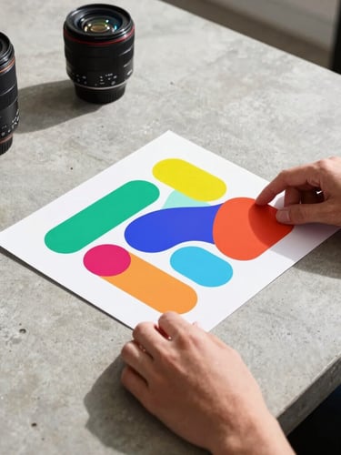 A creative designer hands adjusting a physical brand mockup on a clean concrete table, high-contrast crisp lighting, sharp shadows