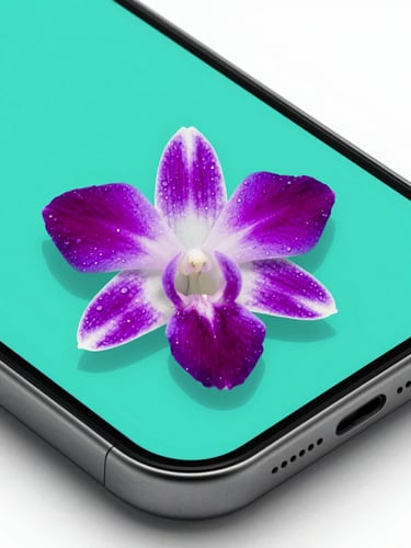 Macro shot of a sleek mobile interface displaying a high-contrast teal layout, sharp studio lighting, vibrant orchid gel reflections