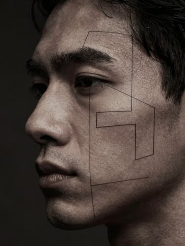 Close-up de perfil masculino com linhas geométricas de análise facial sobrepostas, luz dramática lateral, tons desaturados de carvão e bronze, foco nítido, 35mm.