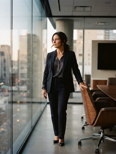 An environmental portrait of a thoughtful female executive standing in a modern architectural boardroom with glass walls, natural window light casting soft shadows, warm muted tones, 35mm.