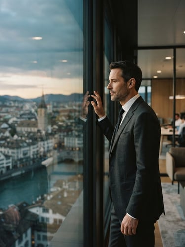 Thoughtful executive looking out of a modern architectural window in Zurich, sharp focus, natural window light, muted warm tones, 35mm