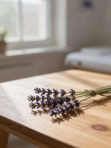 Soft editorial photography of a quiet sunlit therapy room, morning window shadows, lavender sprigs on a wooden table, shallow depth of field