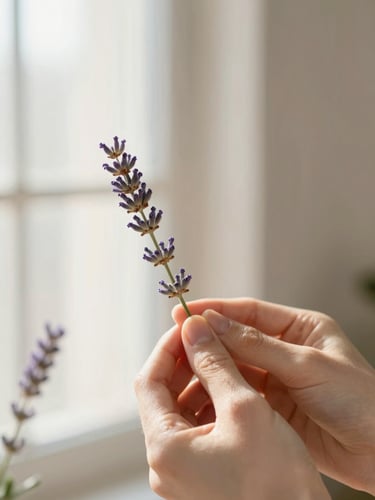 Soft close-up of hands holding a delicate lavender sprig in warm morning light, shallow depth of field, 35mm