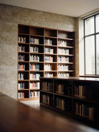 Wide environmental shot of a quiet, modern architectural library with clean lines, warm natural side-lighting illuminating textured stone walls and dark oak shelves, 35mm film style.