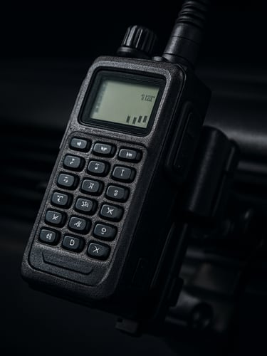 Close-up of a professional DMR digital radio handset mounted on a vehicle dashboard bracket, illuminated display showing channel and signal strength, cool studio strobe lighting revealing connector detail and rugged housing texture, shallow depth of field