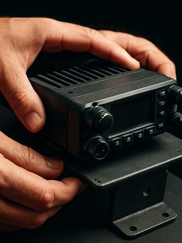 Close-up of a technician's hands mounting a digital radio transceiver onto a steel vehicle bracket, studio strobe lighting revealing connector pins and equipment labels in sharp detail, dark background, mechanical texture prominent