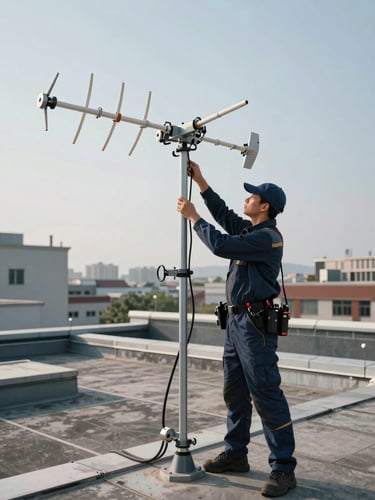 Wide-angle view of a professional radio technician mounting a directional antenna array on a rooftop installation, cool daylight strobes revealing metallic connector detail and cable management, urban infrastructure visible in the background, shot from slightly below to convey structural authority