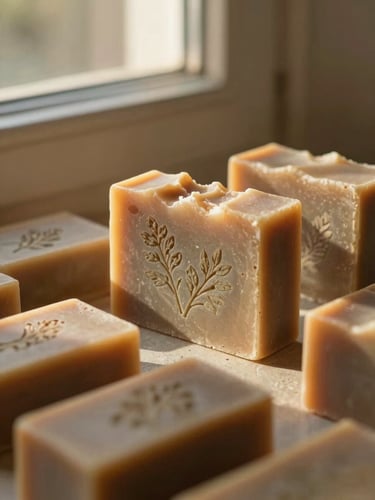 Textured botanical soap bars on rough-hewn stone, soft directional morning light, warm golden-hour window sun casting gentle shadows, 35mm