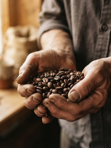 Close-up of raw roasted coffee beans held in weathered hands under warm morning window light, rich earthy tones, 35mm