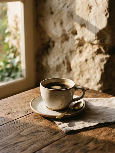 Serene warm morning window light casting soft shadows across a rustic wooden table with a single ceramic cup of coffee, monastic stone wall background, 35mm photography