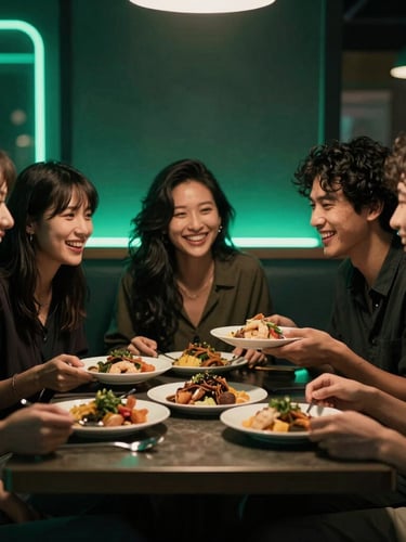 Intimate portrait of a group of young professionals laughing over shared platters in a dimly lit booth with glowing sea-green neon lights, moody editorial food photography style, 35mm