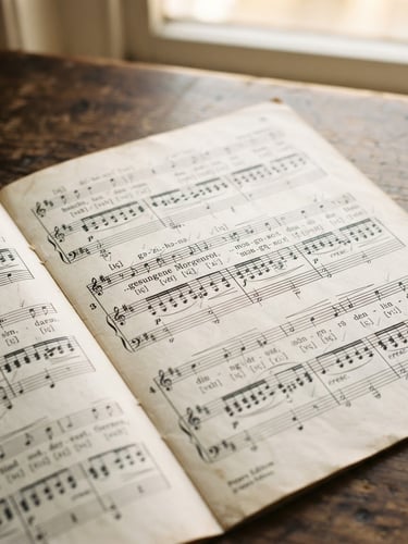 Overhead macro flat-lay of classical German lieder sheet music with light pencil IPA annotations, soft warm window light, shallow depth of field