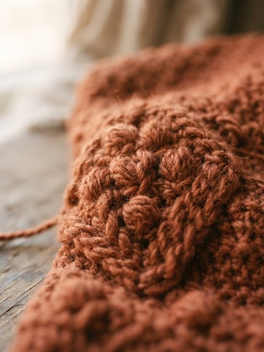 Macro detail of a modern terracotta crochet stitch pattern, soft morning window light, shallow depth of field, highlighting the organic fiber texture