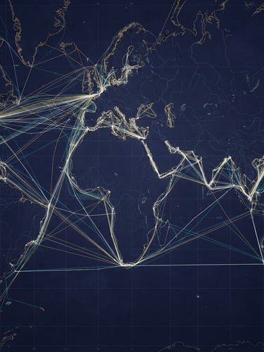 A structured technical graphic of global shipping routes and maritime lanes, overlaid on a deep indigo-navy background, minimal vector lines, high contrast