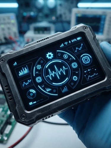 Crisp commercial technology photography, macro shot of custom hardware screen displaying a dark-mode Android interface with electric blue highlights, cool-toned lab environment