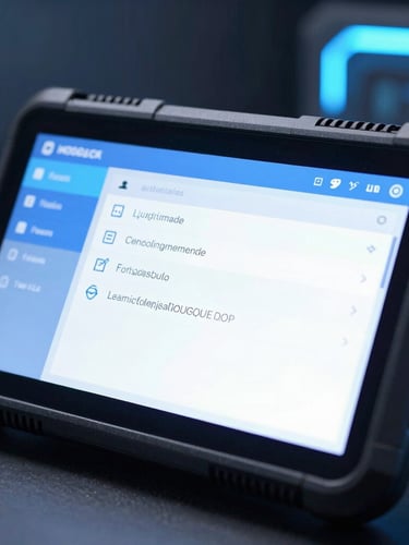 Macro shot of a rugged handheld enterprise device screen displaying a clean logistics interface with neon blue highlights, cool-toned tech lab background