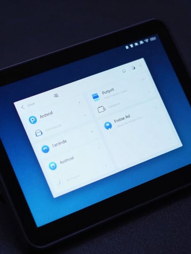 Macro photograph of a custom handheld enterprise device screen displaying a clean, customized Android dashboard, cool-toned studio lighting, sharp blue highlights, technical minimalism.