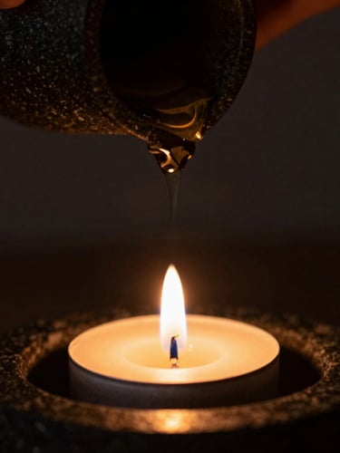 Tight macro shot of warm massage oil slowly dripping from a dark stone vessel, illuminated by a single warm candle flame, deep shadows, 35mm