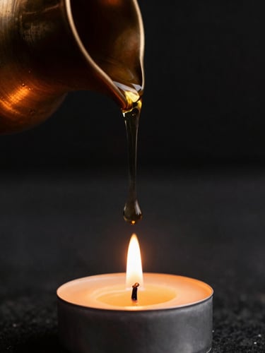 Macro shot of warm massage oil dripping from a bronze vessel, candle-lit warmth, dark stone background, shallow depth of field, 35mm