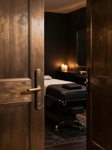 Moody luxury photography of a heavy bronze door slightly ajar, revealing a dark, warm candle-lit treatment room with deep bronze accents, shallow depth of field, 35mm