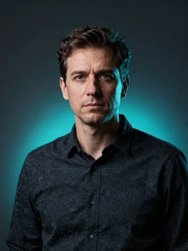 Sharp high-contrast portrait of a tech founder in a dark slate room, cool neon cyan backlighting, editorial style, looking serious and analytical