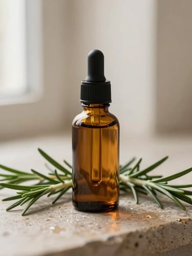 Minimalist amber glass dropper bottle of hair oil resting on a damp stone surface surrounded by fresh rosemary sprigs, soft warm morning light